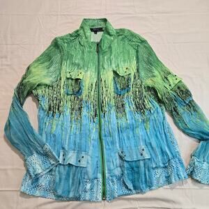 Cativa Wearable Art Shirt Jacket Blue Green Abstract Crinkle Mesh Back Sz XL